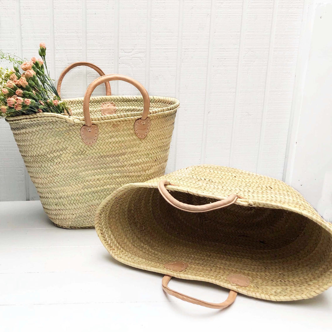 wicker tote basket with leather handles