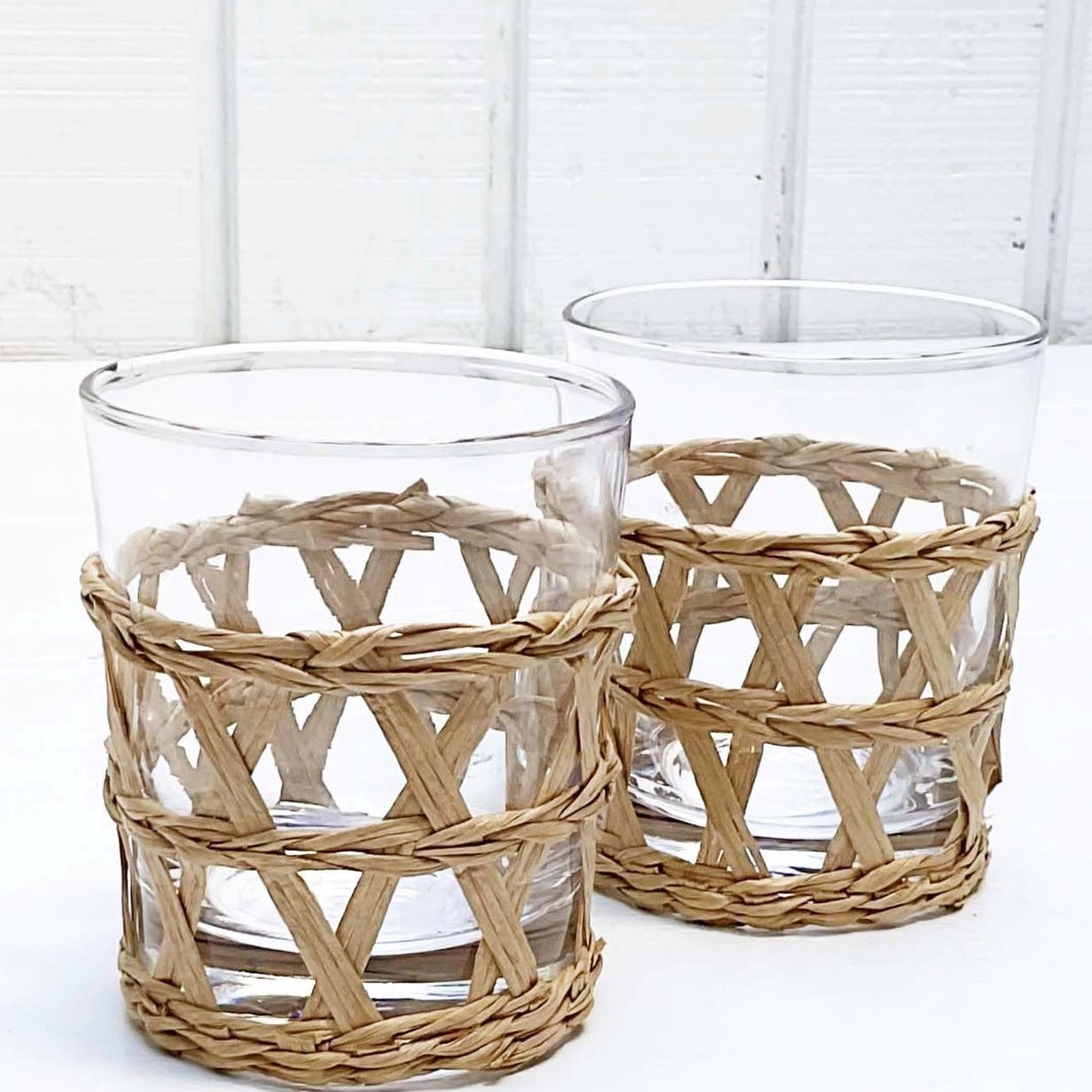 drinking glass with rattan lattice covering