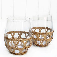 Load image into Gallery viewer, stemless wine glass wrapped in rattan lattice