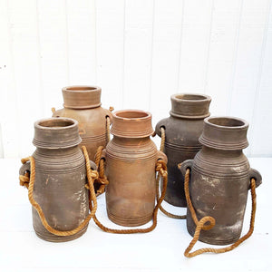 distressed terra cotta vessels with rope handles