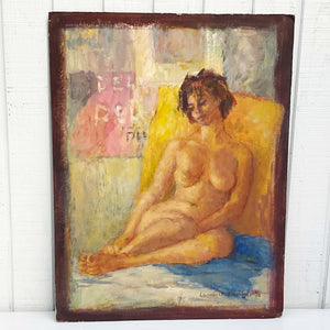 nude painting of woman sitting with colored background