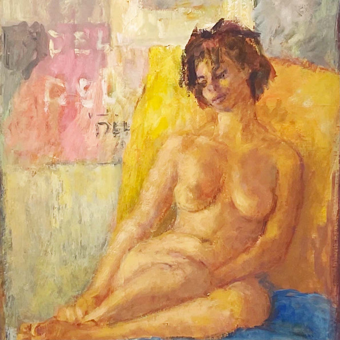 nude painting of women sitting with colored background