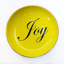 Load image into Gallery viewer, yellow round dish with word &quot;joy&quot; in black