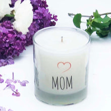 Load image into Gallery viewer, clear glass candle with MOM in black and a red heart