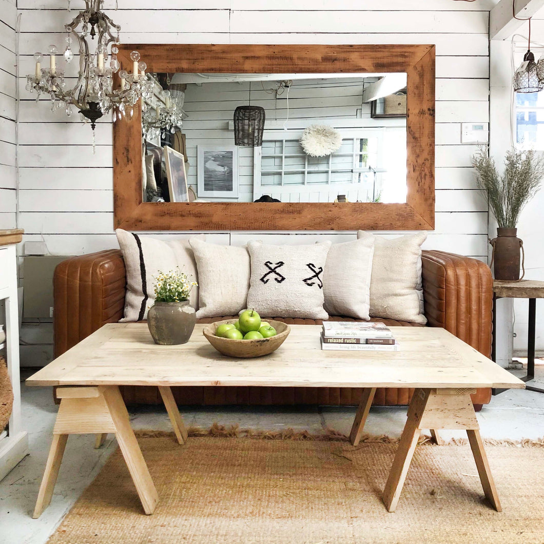 recycled Douglas fir wood coffee table with saw horse type legs