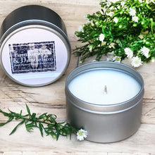 Load image into Gallery viewer, silver tin travel candle with logo on lid