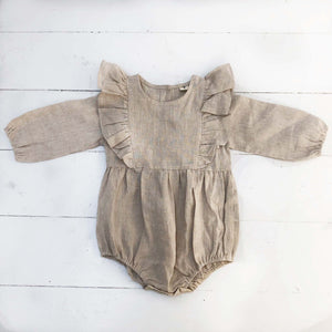 natural color linen long sleeve baby romper with ruffles down front