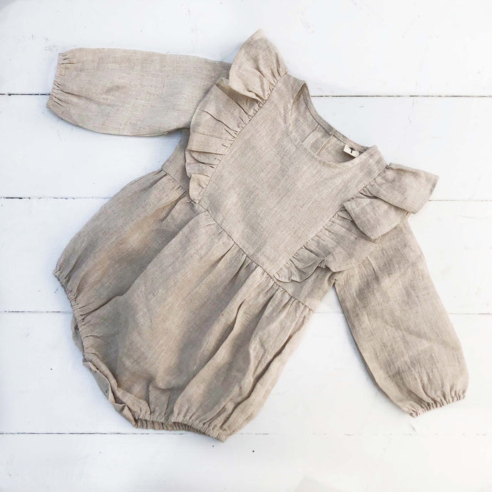 natural color linen long sleeve baby romper with ruffles down front