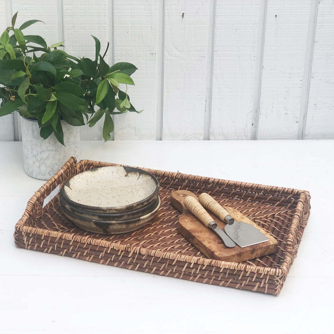 brown rectangle wicker serving tray with handles
