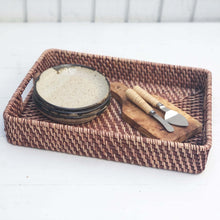 Load image into Gallery viewer, brown rattan rectangle serving tray basket with handles