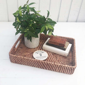 brown rattan rectangle serving tray basket with handles