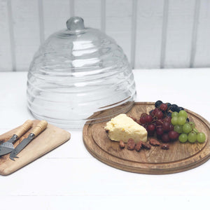 mango wood round serving plate with glass dome covering