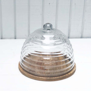 mango wood round serving plate with glass dome covering