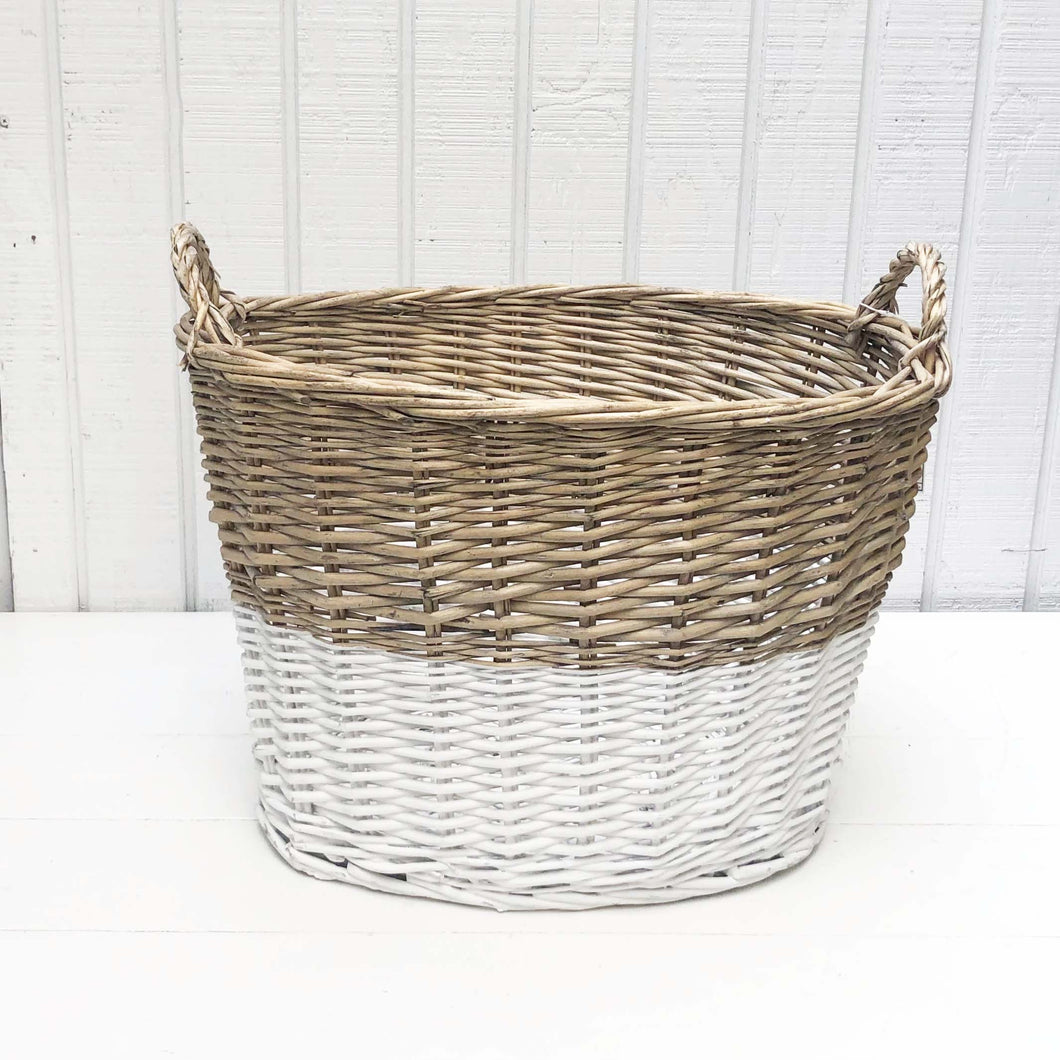 two toned white and tan storage basket with handles