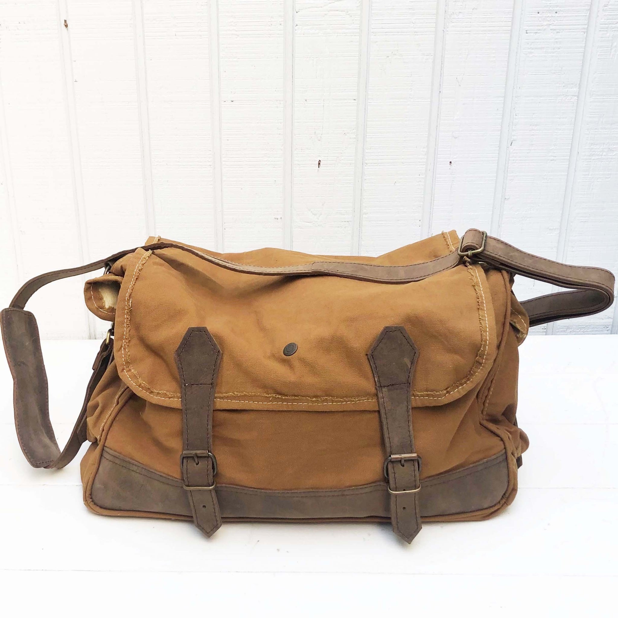 Vintage Leather and Recycled Military Tent Messenger Bag - Vintage