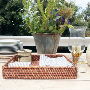 brown rattan rectangle serving tray basket with handles