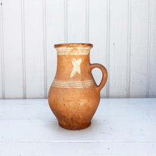 Load image into Gallery viewer, Vintage Terra Cotta Pitcher with cream stripe bands and an X accent