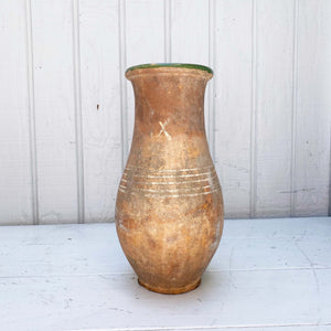 Vintage Terra Cotta Pitcher with overall aging and cream bands around the middle