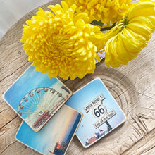 Load image into Gallery viewer, tumbled marble square coasters with photos of Santa Monica-set of four