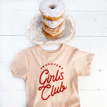Load image into Gallery viewer, pale peach children&#39;s tee with words &quot;brave girl&#39;s club&quot;