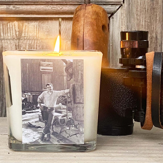 Clear glass candle, vintage photo label, fraser fir scent