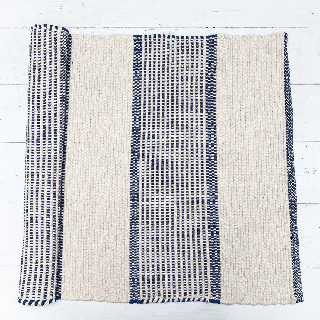 navy and cream striped cotton rug