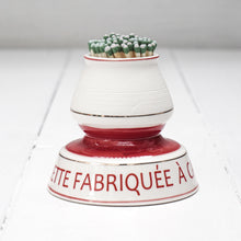 Load image into Gallery viewer, white and red ceramic match strike holder with red French lettering