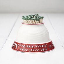 Load image into Gallery viewer, white porcelain match strike container with red base and white letters  Edit alt text