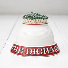 Load image into Gallery viewer, white porcelain match strike container with red base and white letters