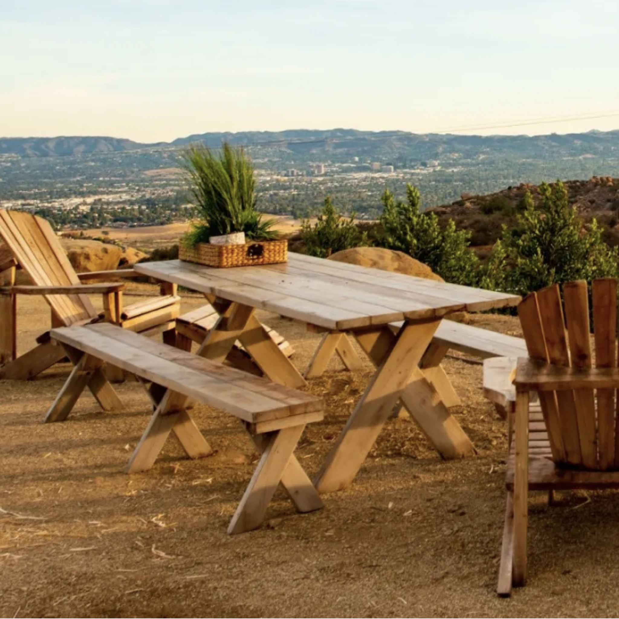 Redwood picnic table and discount benches