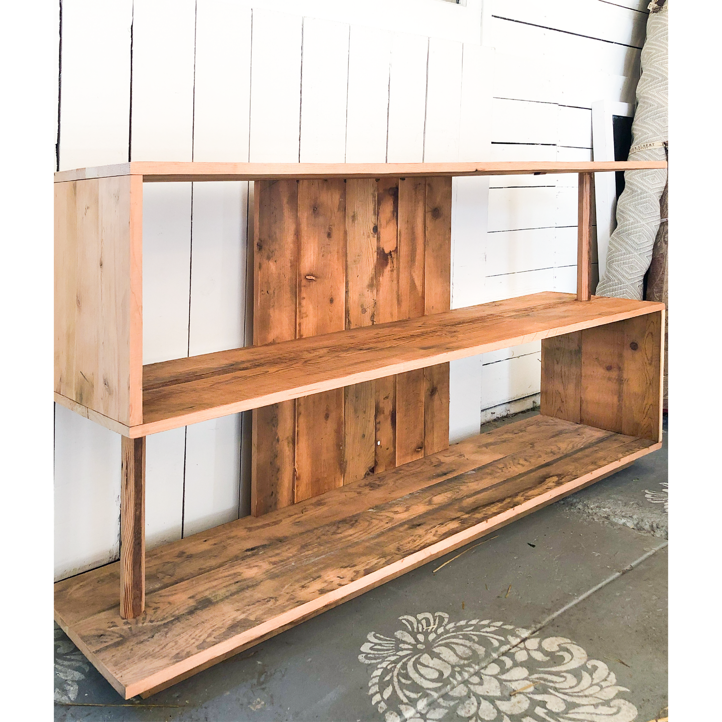 The Ess Shelf-clean modern 3 shelf "s" style open shelf, warm stained wood