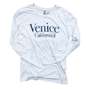 long sleeved white tee shirt with navy Venice California on front