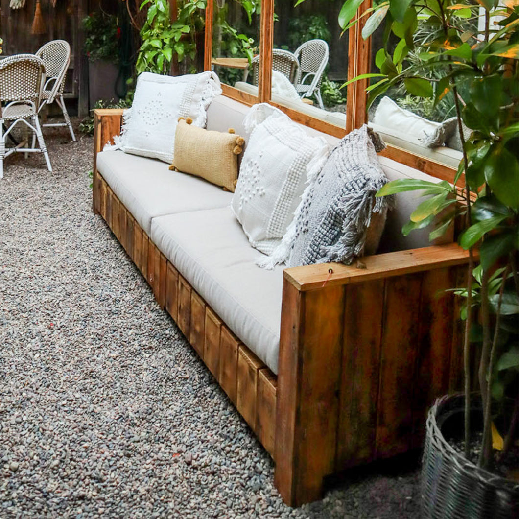 made in California, reclaimed douglas fir  outdoor sofa with outdoor fabric