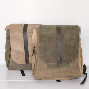 bags made from vintage military canvas, varying colors of army green, khaki and browns with dark leather straps