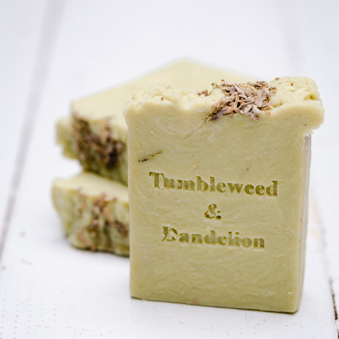 green clay handmade soap with Tumbleweed and Dandelion stamp