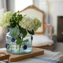 Load image into Gallery viewer, lightly green tinted large glass jar with blue embossed dots