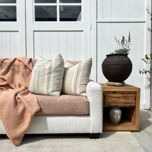 Load image into Gallery viewer, boucle fabric sofa, two toned with cream body and dusty rose cushions