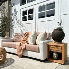 Load image into Gallery viewer, boucle fabric sofa, two toned with cream body and dusty rose cushions