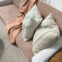 Load image into Gallery viewer, boucle fabric sofa, two toned with cream body and dusty rose cushions